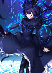 Rule 34 | 1girl, black dress, black eyes, black feathers, black hair, black pantyhose, brown footwear, closed mouth, commentary request, cqqz0707, dress, feathers, field, flower, flower field, glowing flower, highres, juliet sleeves, kuonji alice, long sleeves, looking at viewer, magic, mahou tsukai no yoru, night, outdoors, pantyhose, puffy sleeves, short hair, solo, white flower