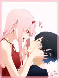 Rule 34 | 1boy, 1girl, absurdres, aqua eyes, black hair, blue eyes, blue nails, blue shirt, border, breasts, couple, darling in the franxx, dress, eye contact, from side, hand in another&#039;s hair, hetero, highres, hiro (darling in the franxx), index finger raised, long hair, looking at another, medium breasts, multicolored nails, nail polish, nakoya (nane cat), open mouth, pink border, pink hair, red dress, red nails, shirt, signature, simple background, sleeveless, sleeveless dress, spaghetti strap, tongue, tongue out, twitter username, white background, zero two (darling in the franxx)
