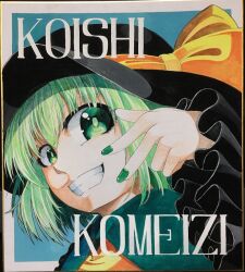 Rule 34 | 1girl, 283win, absurdres, acrylic paint (medium), black hat, blue background, bow, bright pupils, character name, commentary request, frilled sleeves, frills, green eyes, green hair, green nails, green pupils, grin, hat, hat bow, highres, komeiji koishi, kunreishiki, long sleeves, looking at viewer, painting (medium), photo (medium), romaji text, shikishi, short hair, smile, solo, teeth, touhou, traditional media, upper body, yellow bow