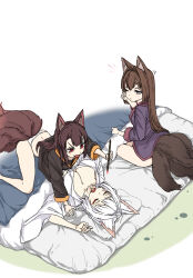 Rule 34 | 3girls, :d, ;(, akagi-chan (azur lane), all fours, amagi-chan (azur lane), animal ears, azur lane, bent over, blush, breasts, cleavage, drawing on another&#039;s face, eyeshadow, fang, fox ears, fox tail, futon, girl on top, hand up, highres, holding, holding brush, japanese clothes, kaga (azur lane), kitsune, large breasts, long hair, looking at another, lying, makeup, medium hair, multiple girls, multiple tails, no pants, on back, open mouth, oukama, panties, prank, rubbing eyes, sitting, sleepwear, smile, smug, straddling, tail, thighs, underwear, very long hair, waking up, white panties, wide sleeves