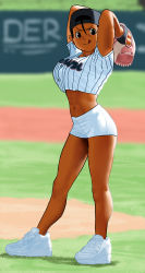 Rule 34 | 1girl, :q, abs, arms up, arung samudra (cessa), backwards hat, bare legs, baseball glove, baseball jersey, baseball uniform, black eyes, blurry, blurry background, breasts, cessa, commentary, crop top, dark-skinned female, dark skin, english commentary, female focus, hat, jersey, large breasts, midriff, navel, ombok diving and delivery services, pac-man eyes, pitching, platform footwear, shoes, short hair, short shorts, shorts, sidelighting, sneakers, solo, sportswear, standing, toned, tongue, tongue out, very dark skin, white footwear, white shorts