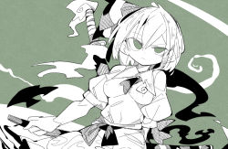 Rule 34 | 1girl, breasts, closed mouth, green background, green eyes, green theme, greyscale, hairband, highres, holding, holding sword, holding weapon, konpaku youmu, massakasama, medium breasts, monochrome, multiple swords, puffy short sleeves, puffy sleeves, sheath, sheathed, shirt, short hair, short sleeves, simple background, solo, sword, touhou, upper body, weapon