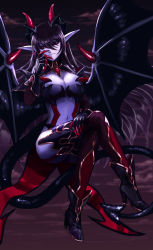 Rule 34 | 1girl, bare shoulders, black sclera, boots, breasts, claws, cleavage, colored sclera, colored skin, commentary, crossed legs, demon (monster girl encyclopedia), demon girl, demon horns, demon tail, demon wings, english commentary, full body, gloves, hair between eyes, high heel boots, high heels, highres, horns, large breasts, light smile, long hair, looking at viewer, monster girl encyclopedia, monster girl encyclopedia ii, navel, parted lips, pointy ears, purple hair, purple skin, red eyes, revealing clothes, solo, tail, thighhighs, wings, zakirsiz