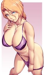 Rule 34 | 1girl, bleach, bleach: sennen kessen-hen, blonde hair, blue eyes, border, bra, breasts, cleavage, commentary request, hair between eyes, hand on own chest, highres, jewelry, large breasts, looking at viewer, matsumoto rangiku, max (maxlikeapicture), medium hair, mole, mole on armpit, mole on thigh, mole under mouth, navel piercing, necklace, open mouth, outside border, panties, panty pull, piercing, purple bra, purple panties, simple background, solo, thighs, underwear, underwear only, white border