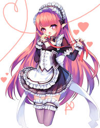 Rule 34 | 1girl, ao jun, apron, demon girl, elsword, heart, heart-shaped pupils, long hair, luciela r. sourcream, maid, maid apron, maid headdress, open mouth, pointy ears, red eyes, red hair, ribbon, symbol-shaped pupils