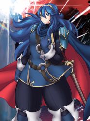 Rule 34 | 1girl, absurdres, armor, blue dress, blue eyes, blue hair, boots, cape, closed mouth, cowboy shot, dress, fingerless gloves, fire emblem, gloves, hair between eyes, highres, kyelyn, long hair, long sleeves, lucina (fire emblem), matching hair/eyes, nintendo, serious, shoulder armor, solo, sword, thick thighs, thigh boots, thighhighs, thighs, tiara, weapon