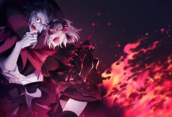 Rule 34 | 1boy, 1girl, 2gno082, black hair, blonde hair, blue eyes, breasts, evil grin, evil smile, fate/grand order, fate (series), feet out of frame, fire, gilles de rais (caster) (fate), grin, hair between eyes, highres, jeanne d&#039;arc (fate), jeanne d&#039;arc (ruler) (fate), jeanne d&#039;arc alter (avenger) (fate), jeanne d&#039;arc alter (fate), large breasts, large hands, leaning forward, light particles, looking at viewer, pyrokinesis, short hair, smile, thighs, yellow eyes