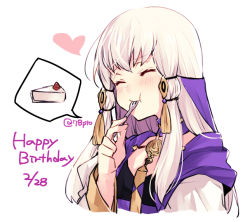 Rule 34 | 1girl, bad id, bad twitter id, cake, dated, eating, closed eyes, fire emblem, fire emblem: three houses, food, fork, hair ornament, happy birthday, holding, holding fork, long hair, lysithea von ordelia, naho (pi988y), nintendo, simple background, solo, twitter username, upper body, white background, white hair