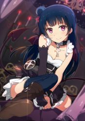 Rule 34 | 10s, 1girl, bad id, bad twitter id, between legs, blue hair, blush, boots, brown footwear, chain, cross, cross necklace, demon tail, demon wings, dress, frills, gloves, hair bun, hand between legs, head tilt, jewelry, looking at viewer, love live!, love live! school idol festival, love live! school idol project, love live! sunshine!!, necklace, ogipote, pink eyes, shoes, single glove, single hair bun, sitting, skirt, smile, solo, tail, thighhighs, tsushima yoshiko, wings