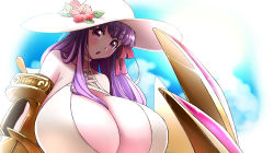 Rule 34 | 1girl, bare shoulders, blush, breasts, claws, cleavage, cloud, cloudy sky, fate/grand order, fate (series), gigantic breasts, hair ribbon, hat, highres, long hair, looking at viewer, open mouth, passionlip (fate), purple eyes, purple hair, ribbon, sky, solo, sun hat, very long hair, wisterian4u