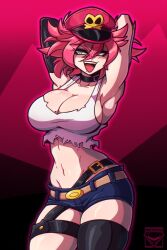 Rule 34 | 1girl, 2023, :d, armpits, arms behind head, artist logo, asymmetrical clothes, asymmetrical gloves, asymmetrical legwear, belt, belt buckle, blue eyes, breasts, buckle, capcom, choker, cleavage, collarbone, contrapposto, cowboy shot, crop top, curvy, denim, denim shorts, elbow gloves, female focus, final fight, floating hair, gloves, gradient background, groin, hair between eyes, half-closed eyes, hat, highres, jizuz kord, large breasts, looking at viewer, messy hair, midriff, mole, mole on breast, mole under mouth, navel, open mouth, pink background, pink hair, pink lips, poison (final fight), police, police hat, police uniform, policewoman, revision, seductive smile, shirt, short hair, short shorts, shorts, sideways glance, simple background, skindentation, skull and crossbones, smile, solo, street fighter, street fighter v, teeth, thick thighs, thigh strap, thighs, torn clothes, torn shirt, uniform, upper teeth only, v-shaped eyebrows