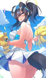 Rule 34 | 1girl, absurdres, animal ears, ass, bare shoulders, black hair, blue archive, blue eyes, blush, breasts, cheerleader, cowgirl position, crop top, detached collar, dog ears, dog girl, dog tail, eel mizue, eyewear on head, goggles, goggles on head, halo, hibiki (blue archive), hibiki (cheer squad) (blue archive), highres, large breasts, long hair, looking at viewer, millennium cheerleader outfit (blue archive), official alternate costume, panties, pantyshot, pom pom (cheerleading), skirt, solo, straddling, sweat, tail, underwear, white panties