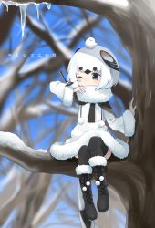 Rule 34 | animal, animal on arm, animal on head, bird, bird on arm, bird on head, black eyes, black hair, blush, boots, cloak, commentary request, fur collar, fur trim, head wings, highres, icicle, in tree, isobee, kemono friends, long sleeves, long tailed tit (kemono friends) (isobee), multicolored hair, necktie, on head, one eye closed, original, short hair, sitting, sitting in tree, snow, solo, thighhighs, translation request, tree, white hair, wings, winter clothes