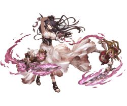 Rule 34 | 10s, 1girl, bandaged arm, bandages, black gloves, breasts, cleavage, crescent, danua, doll, draph, dress, female focus, fingerless gloves, floating hair, frown, full body, gloves, granblue fantasy, gretel (granblue fantasy), hair between eyes, hansel (granblue fantasy), high heels, horn ornament, horns, jewelry, large breasts, long hair, minaba hideo, necklace, official art, pale skin, pointy ears, purple hair, red eyes, solo, sword, torn clothes, torn dress, transparent background, triangle mouth, weapon, white dress