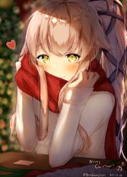 Rule 34 | 1girl, absurdres, alternate costume, blurry, christmas tree, commentary request, dated, depth of field, hair ribbon, highres, indoors, kantai collection, long hair, looking at viewer, merry christmas, pink hair, ponytail, red scarf, ribbon, scarf, shanghmely, smile, solo, sweater, table, twitter username, upper body, very long hair, white sweater, yellow eyes, yura (kancolle)