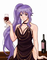 Rule 34 | 1girl, absurdres, alcohol, black dress, bottle, breasts, chain, cleavage, commission, commissioner upload, cup, dress, drinking glass, fire emblem, fire emblem: genealogy of the holy war, gold chain, highres, hip vent, holding, holding cup, hunnymzdraws, ishtar (fire emblem), jewelry, large breasts, long hair, modakawa dress, nintendo, purple eyes, purple hair, side ponytail, solo, table, wine, wine bottle, wine glass
