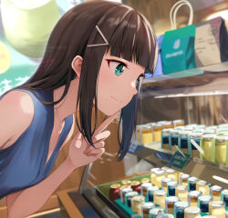 Rule 34 | 1girl, bag, bare shoulders, birthday, black hair, blue dress, blunt bangs, bottle, breasts, closed mouth, commentary, dated, display case, dress, english text, food, from side, green eyes, hair ornament, hairclip, hand up, hime cut, index finger raised, indoors, jewelry, kurosawa dia, leaning forward, looking at object, love live!, love live! sunshine!!, mole, mole under mouth, necklace, pendant, pudding, shamakho, shop, shopping bag, sidelocks, signature, sleeveless, sleeveless dress, small breasts, smile, solo, upper body, v-neck, watermark