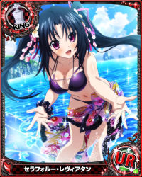 Rule 34 | 1girl, bikini, black hair, blush, breasts, card (medium), character name, chess piece, cleavage, day, flower, hair flower, hair ornament, hair ribbon, happy, high school dxd, king (chess), large breasts, long hair, looking at viewer, navel, official art, open mouth, pink eyes, purple bikini, ribbon, sarong, serafall leviathan, smile, solo, swimsuit, trading card, twintails, very long hair, water
