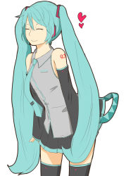 Rule 34 | aqua hair, bad id, bad pixiv id, closed eyes, detached sleeves, hatsune miku, headset, heart, highres, long hair, necktie, poripori, simple background, skirt, solo, thighhighs, twintails, very long hair, vocaloid