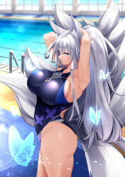 Rule 34 | 1girl, absurdres, alternate costume, animal ears, animal print, armpits, arms behind head, ass, azur lane, blue butterfly, blue eyes, blue one-piece swimsuit, blurry, blurry background, breasts, bug, butterfly, butterfly print, competition swimsuit, cowboy shot, fox ears, fox tail, from side, glowing butterfly, grey hair, highres, huge breasts, indoors, insect, kitsune, kyuubi, large tail, long hair, looking at viewer, multiple tails, one-piece swimsuit, oriue wato, pool, pool ladder, shinano (azur lane), solo, standing, swimsuit, tail, transparent butterfly, very long hair, white tail