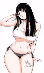 Rule 34 | 1girl, :t, arm support, black hair, breasts, closed mouth, commentary, cowboy shot, crop top, curvy, english commentary, frown, grey panties, hand up, head tilt, invisible chair, kawakami tomie, large breasts, long hair, mole, mole under eye, navel, panties, relaxjon, side-tie panties, sideways glance, signature, simple background, sitting, sketch, solo, straight hair, tank top, thigh gap, tomie, underboob, underwear, white background, white tank top