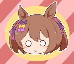 Rule 34 | 1girl, animal ears, blush stickers, bow, brown hair, chibi, closed mouth, gomashio (goma feet), hair between eyes, hair bow, head only, horse ears, o o, outline, purple bow, smart falcon (umamusume), smile, solo, twintails, umamusume, white outline, yellow background, yellow bow