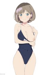 Rule 34 | 1girl, blue eyes, blue one-piece swimsuit, blush, breasts, brown hair, cleavage, closed mouth, clothes pull, coro fae, cowboy shot, highres, large breasts, looking at viewer, love live!, love live! superstar!!, medium breasts, nipples, one-piece swimsuit, one-piece swimsuit pull, one breast out, short hair, solo, standing, sweat, swimsuit, tang keke, thigh gap, thighs