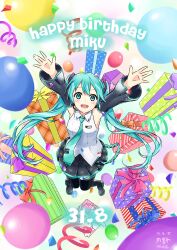 Rule 34 | 1girl, absurdres, aqua eyes, aqua hair, aqua necktie, arms up, balloon, black footwear, black skirt, black sleeves, blush, boots, box, character name, commentary, confetti, dated, detached sleeves, english text, full body, gift, gift box, happy birthday, hatsune miku, hatsune miku (vocaloid3), highres, long hair, long sleeves, looking at viewer, midair, miniskirt, necktie, open mouth, outstretched arms, pleated skirt, shirt, skirt, sleeveless, sleeveless shirt, smile, solo, thigh boots, tsukino (nakajimaseiki), twintails, very long hair, vocaloid, white shirt