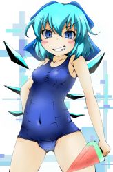 Rule 34 | 1girl, blue hair, blush stickers, breasts, cirno, covered navel, female focus, food, fumi (fumifumi-graffiti), grin, highres, one-piece swimsuit, popsicle, school swimsuit, small breasts, smile, solo, swimsuit, taut clothes, touhou, watermelon bar, wings