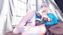 Rule 34 | 1girl, alternate costume, azur lane, belfast (azur lane), belfast (iridescent rosa) (azur lane), belfast (iridescent rosa) (azur lane), blue eyes, blush, braid, breasts, chain, china dress, chinese clothes, collar, dress, earrings, feet, foot up, highres, holding leg, jewelry, large breasts, liu zhao, long hair, looking at viewer, panties, see-through, side-tie panties, silver hair, skindentation, smile, solo, string panties, thighhighs, underwear, white thighhighs
