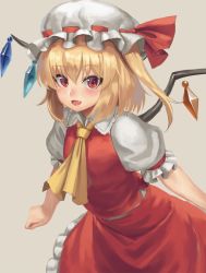 Rule 34 | 1girl, ascot, beige background, blonde hair, commentary request, crystal, flandre scarlet, hat, highres, looking at viewer, mob cap, puffy short sleeves, puffy sleeves, ranma (kamenrideroz), red eyes, short hair, short sleeves, side ponytail, simple background, solo, touhou, white hat, wings, yellow ascot
