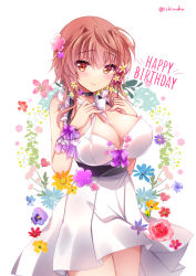 Rule 34 | 1girl, bare shoulders, belt, black choker, blush, breasts, brown hair, choker, cleavage, closed mouth, commentary request, cowboy shot, dress, flower, hair flower, hair ornament, hands up, happy birthday, ichiyou moka, large breasts, long hair, looking at viewer, neck ribbon, orange eyes, original, pleated dress, ribbon, sleeveless, sleeveless dress, smile, solo, standing, white background, white dress, white ribbon