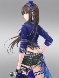 Rule 34 | 1girl, ass, back, black shorts, breasts, brown hair, chain, closed mouth, cropped jacket, fingerless gloves, flower, from behind, garter straps, gloves, gradient background, green eyes, grey background, hand on own hip, hat, hat flower, highres, holding, holding microphone, idolmaster, idolmaster cinderella girls, idolmaster cinderella girls starlight stage, jacket, jun (seiga50434455), long hair, looking at viewer, looking back, medium breasts, microphone, mini hat, purple flower, purple gloves, purple jacket, shibuya rin, shorts, simple background, single garter strap, sleeves rolled up, solo, thigh strap, zipper, zipper pull tab