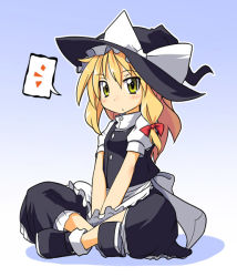 Rule 34 | 1girl, apron, blonde hair, blush, bow, closed mouth, gradient background, green eyes, hair bow, hat, hat bow, indian style, kirisame marisa, neki-t, ribbon, sitting, solo, speech bubble, speech stab, touhou, waist apron, witch hat, yellow eyes
