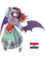 Rule 34 | 1girl, alternate costume, blue hair, croatia, female focus, full body, red eyes, remilia scarlet, ribbon, rotan, simple background, slavic clothes, solo, touhou, white background, wings