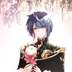 Rule 34 | 1boy, blue hair, blue nails, blush, brill p, chinese clothes, closed mouth, earrings, flower, frilled shirt collar, frilled sleeves, frills, genshin impact, highres, holding, holding flower, jacket, jewelry, looking at viewer, male focus, nail polish, shaded face, short hair, simple background, single earring, smile, solo, tassel, tassel earrings, white background, white flower, xingqiu (genshin impact), yellow eyes