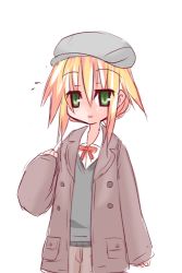 Rule 34 | 100 percent orange juice, 1girl, beret, blonde hair, blush, brown coat, brown pants, coat, collared shirt, commentary request, flying sweatdrops, green eyes, grey hat, hair between eyes, hand up, hat, hono, long sleeves, looking at viewer, lowres, official art, open clothes, open coat, pants, parted lips, shirt, sidelocks, simple background, sleeves past wrists, smile, solo, sora (orange juice), suguri, sweater vest, white background, white shirt