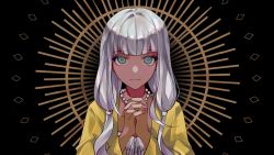 Rule 34 | 1girl, bikini, black background, brown background, chu dong, danganronpa (series), danganronpa v3: killing harmony, dark-skinned female, dark skin, green eyes, grey hair, highres, interlocked fingers, jacket, jewelry, long hair, low twintails, necklace, own hands together, smile, solo, swimsuit, swimsuit under clothes, twintails, upper body, white bikini, yellow jacket, yonaga angie