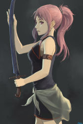 Rule 34 | 1girl, armband, bachium, breasts, dress, fire emblem, fire emblem: the sacred stones, hair ornament, highres, holding, holding sword, holding weapon, long hair, marisa (fire emblem), medium breasts, nintendo, pink eyes, pink hair, ponytail, sarong, short dress, sword, weapon