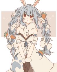 Rule 34 | 1girl, animal ears, arm garter, artist name, black gloves, black leotard, black pantyhose, blue hair, blush, braid, breasts, carrot, carrot hair ornament, carrot print, cleavage, closed mouth, cowboy shot, don-chan (usada pekora), dress, food-themed hair ornament, food print, fur-trimmed dress, fur-trimmed gloves, fur scarf, fur trim, gloves, hair ornament, hair ribbon, highres, hololive, leotard, light blue hair, long hair, looking at viewer, medium breasts, multicolored hair, own hands together, pantyhose, pom pom (clothes), purple background, rabbit ears, red eyes, ribbon, signature, simple background, solo, strapless, strapless dress, thick eyebrows, traum38, tress ribbon, twin braids, twintails, two-tone background, two-tone hair, usada pekora, usada pekora (1st costume), virtual youtuber, white background, white hair, white ribbon