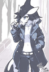 Rule 34 | 10s, 1girl, belt, borrowed character, breath, buttons, cetacean tail, closed mouth, coat, collared coat, commentary request, contemporary, covered navel, cowboy shot, dated, expressionless, unworn eyewear, fictional persona, fins, fish tail, fur-trimmed sleeves, fur trim, greyscale, hair between eyes, hair ornament, hand in pocket, hand up, high collar, holding, holding removed eyewear, kemono friends, killer whale (kemono friends) (stylecase), kitsunetsuki itsuki, long sleeves, looking to the side, medium hair, monochrome, multicolored hair, no bra, open clothes, open coat, original, outdoors, pants, signature, solo, sunglasses, tail, tsurime, turtleneck, unbuttoned, walking