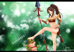 Rule 34 | 1girl, :o, anklet, barefoot, blush, bracelet, breasts, brown eyes, brown hair, cheng, chinese text, cleavage, earrings, facial mark, forehead mark, high ponytail, highres, jewelry, league of legends, letterboxed, loincloth, long hair, long legs, midriff, navel, necklace, nidalee, polearm, ponytail, signature, spear, teemo, trample, translated, watermark, weapon, web address