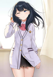 Rule 34 | 10s, 1girl, arm up, bad id, bad pixiv id, black hair, black skirt, blush, bow, cardigan, cccpo, closed mouth, collared shirt, commentary request, cowboy shot, curtains, day, gridman universe, head tilt, indoors, long hair, miniskirt, one eye closed, orange scrunchie, pink bow, pleated skirt, purple eyes, revision, scrunchie, shirt, skirt, solo, ssss.gridman, standing, sunlight, takarada rikka, transparent, white cardigan, white shirt, window, wrist scrunchie