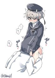 Rule 34 | ..., 10s, 1boy, 1girl, admiral (kancolle), ass grab, bad id, bad twitter id, blush, closed mouth, dress, drooling, ebifurya, gloves, grabbing another&#039;s ass, groping, hair between eyes, hat, head under another&#039;s clothes, heart, hetero, highres, inactive account, kantai collection, long sleeves, one eye closed, sailor dress, sailor hat, saliva, short hair, silver hair, simple background, speech bubble, spoken ellipsis, spoken heart, sweat, tears, trembling, twitter username, under another&#039;s clothes, under skirt, white background, white gloves, z1 leberecht maass (kancolle)