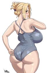 Rule 34 | 1girl, ass, back, bare shoulders, blonde hair, breasts, highres, looking back, naruto, naruto (series), sideboob, simple background, solo, tsunade (naruto)
