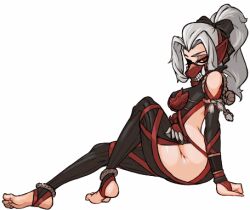 Rule 34 | 1girl, animated, animated gif, armor, breasts, feet, female focus, grey hair, hair ribbon, hip vent, looking at viewer, mask, medium breasts, monster hunter (series), muhut, odogaron, odogaron (armor), ponytail, red eyes, ribbon, simple background, sitting, tagme, teasing, thighs, white background, white hair