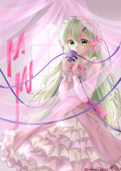 Rule 34 | 1girl, 72mikan 1687, absurdres, alternate costume, alternate hair length, alternate hairstyle, blush, bow, commentary request, crossed bangs, curtains, dress, earrings, eyelashes, feet out of frame, frilled dress, frilled hairband, frilled sleeves, frills, green eyes, green hair, hair between eyes, hair ornament, hairband, hairclip, hands up, heart, heart hair ornament, highres, holding eyeball, indoors, jewelry, koishi day, komeiji koishi, lolita fashion, long dress, long hair, long sleeves, looking at viewer, parted lips, pink bow, pink hairband, pink ribbon, pink theme, ribbon, sidelighting, sidelocks, signature, solo, standing, tareme, third eye, touhou, twitter username, two-tone dress, very long hair, wavy hair, white dress, window
