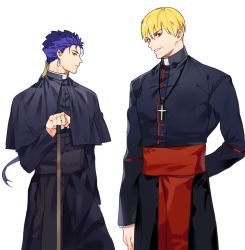 Rule 34 | 2boys, bad id, bad pixiv id, blonde hair, blue hair, cross, cross necklace, cu chulainn (fate), fate/stay night, fate (series), gilgamesh (fate), jewelry, lancelot (smalock), cu chulainn (fate/stay night), male focus, multiple boys, necklace, priest