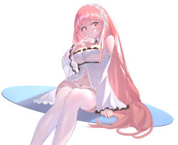 Rule 34 | 1girl, absurdres, adapted costume, azur lane, bare shoulders, bow, bow panties, breasts, cleavage, detached sleeves, feet out of frame, finger to mouth, frilled nightgown, highres, large breasts, long hair, looking at viewer, nightgown, panties, perseus (azur lane), pink eyes, pink hair, see-through, see-through sleeves, simple background, solo, thighhighs, underwear, very long hair, white background, white nightgown, white panties, white thighhighs, wide sleeves, xintianou