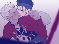 Rule 34 | 2boys, archer (fate), blood, blood on face, blue hair, blush, bodysuit, bruise, commentary request, cropped jacket, cu chulainn (fate), cu chulainn (fate/stay night), dark-skinned male, dark skin, earrings, fang, fate/stay night, fate (series), grin, hand up, highres, hug, hug from behind, injury, jewelry, licking, limited palette, long sleeves, looking at another, male focus, mondi hl, multiple boys, ponytail, pulling, red eyes, short hair, shoulder plates, smile, tongue, tongue out, upper body, yaoi
